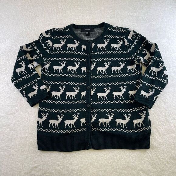 Forever 21 Medium Holiday Cardigan Green Reindeer Print Button Sweater - Picture 1 of 13